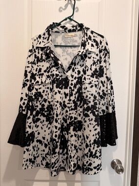 Southern Stitch Cow Print Button Down Top Black White Western Chic Sequin